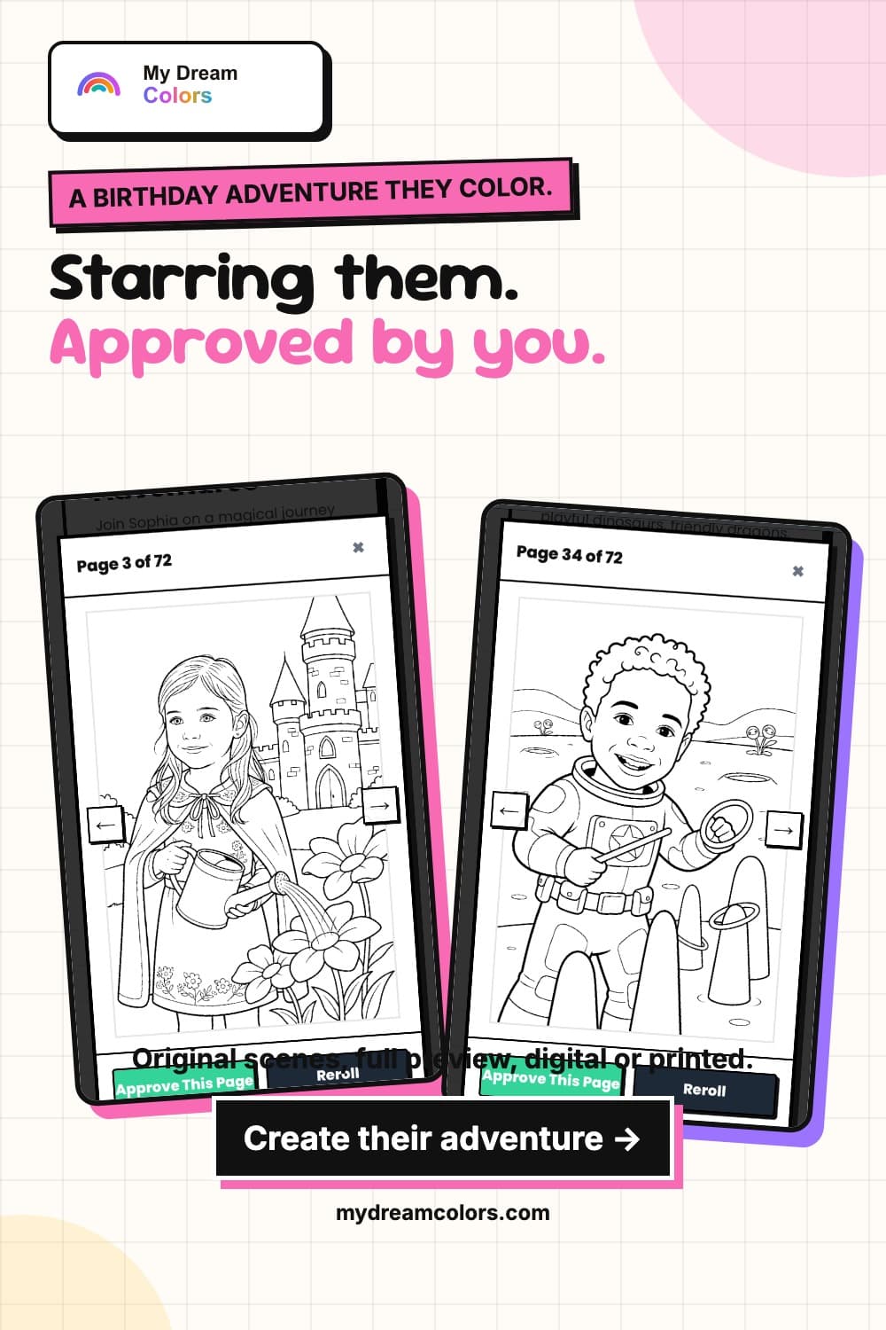 Two fictional personalized coloring-book adventure previews