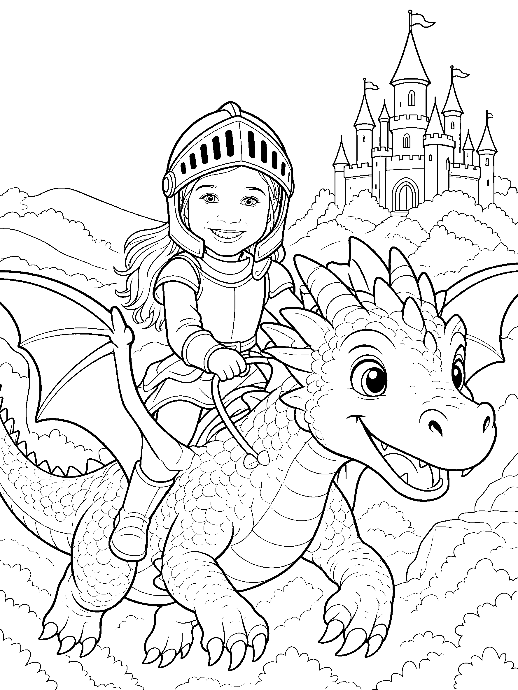 Coloring page of Evelyn riding a friendly dragon past a castle