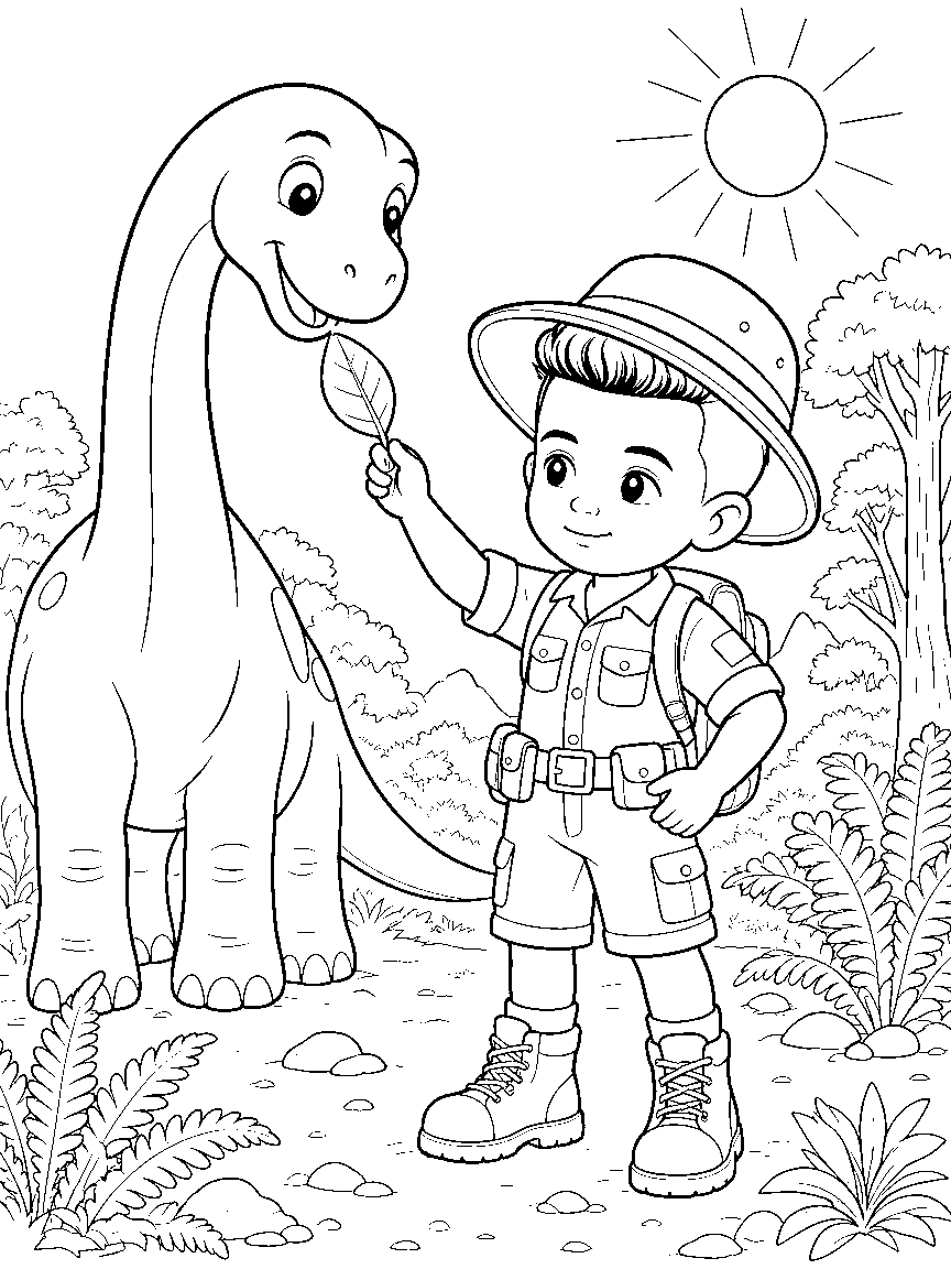 Example coloring page of a child who looks like the photo, on an adventure